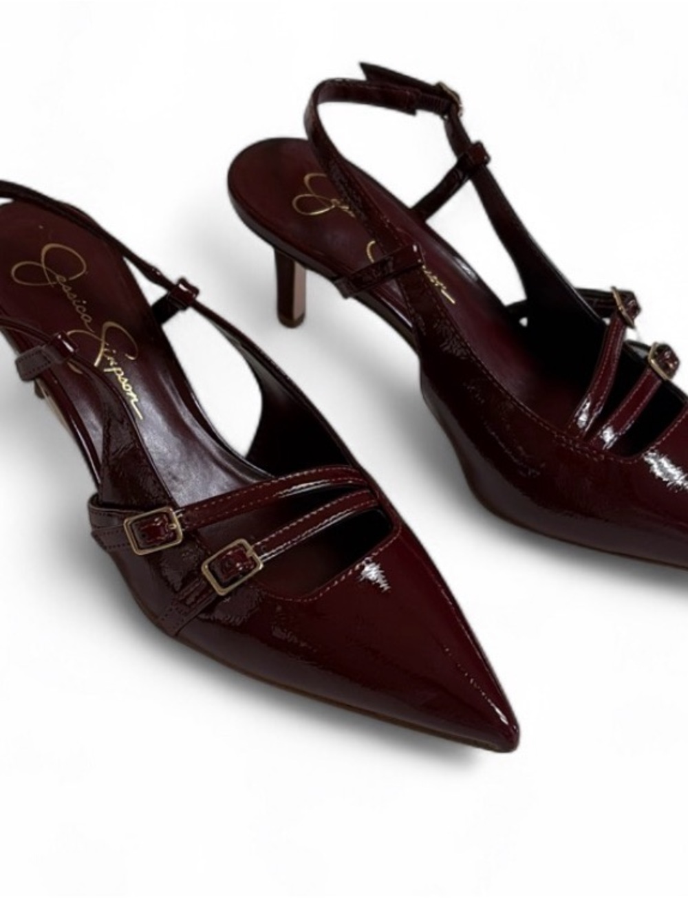 New Jessica Simpson Wine Burgundy Patent Pointed-Toe Slingback Kitten Heels - Picture 3 of 4